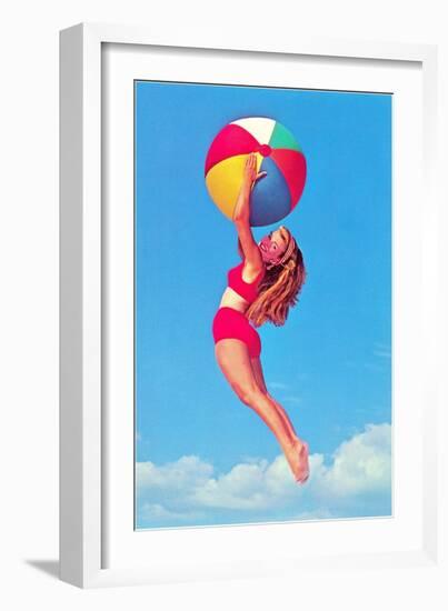 Jumping Woman with Beach Ball-null-Framed Art Print