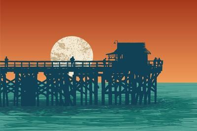 Oceanic View with Silhouette Pier and Full Moon. Vector Illustration.