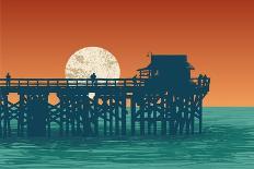 Oceanic View with Silhouette Pier and Full Moon. Vector Illustration.-jumpingsack-Art Print