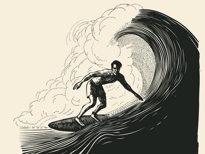 Surfer and Big Wave. Engraving Style. Vector Illustration.