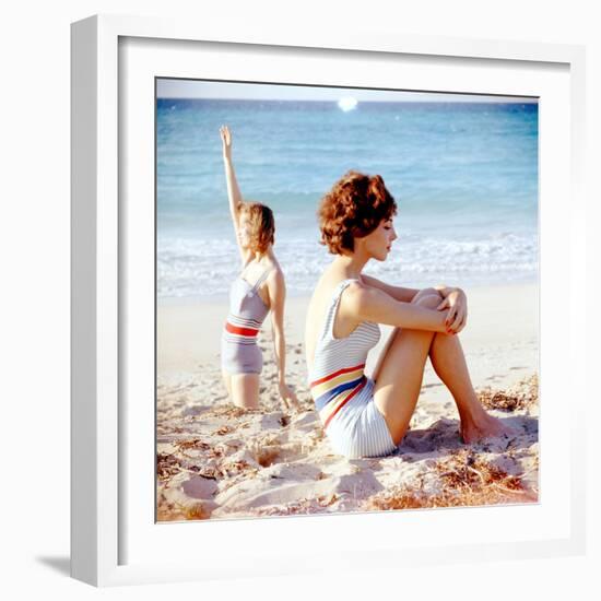 June 1956: Girls in Striped Swimsuit Modeling Beach Fashions in Cuba-Gordon Parks-Framed Photographic Print