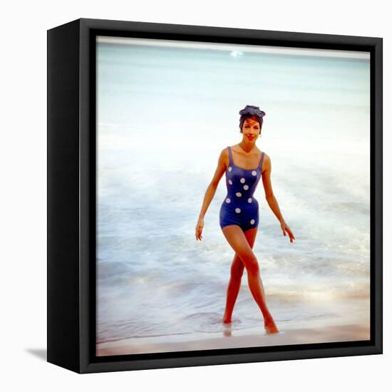 June 1956: Woman in Polka-Dot Swimsuit Modeling Beach Fashions in Cuba-Gordon Parks-Framed Stretched Canvas