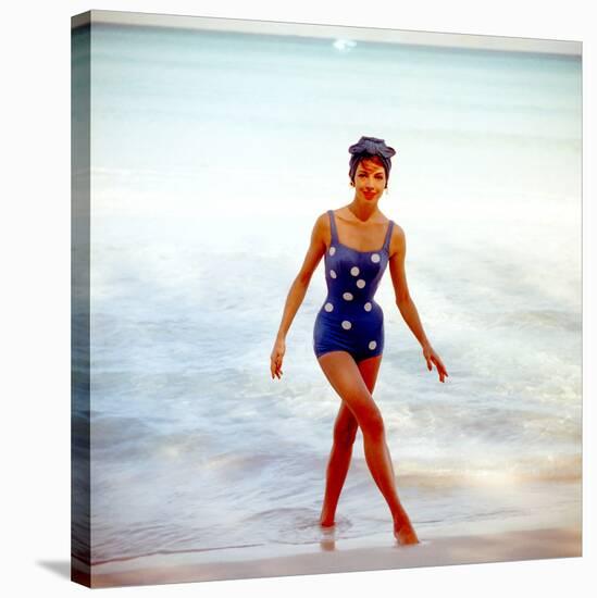 June 1956: Woman in Polka-Dot Swimsuit Modeling Beach Fashions in Cuba-Gordon Parks-Stretched Canvas