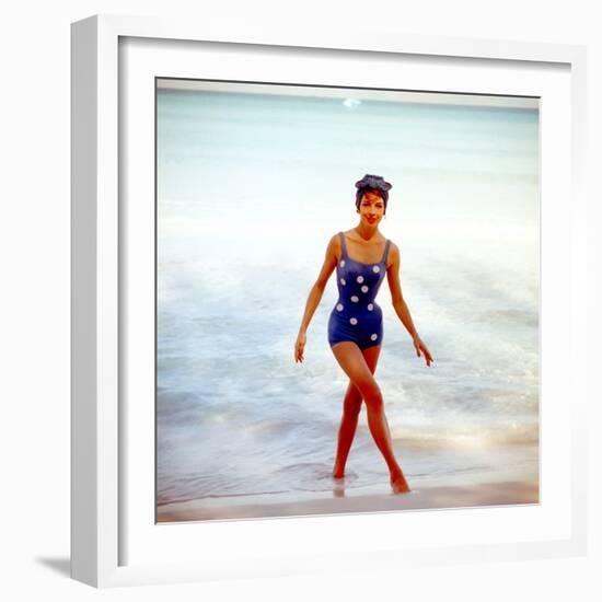 June 1956: Woman in Polka-Dot Swimsuit Modeling Beach Fashions in Cuba-Gordon Parks-Framed Photographic Print