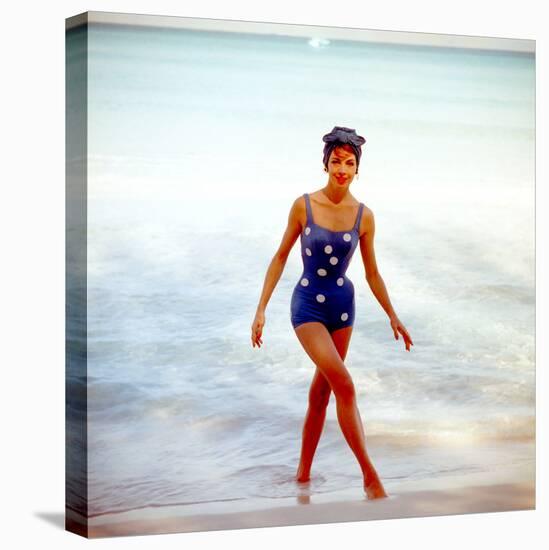 June 1956: Woman in Polka-Dot Swimsuit Modeling Beach Fashions in Cuba-Gordon Parks-Stretched Canvas