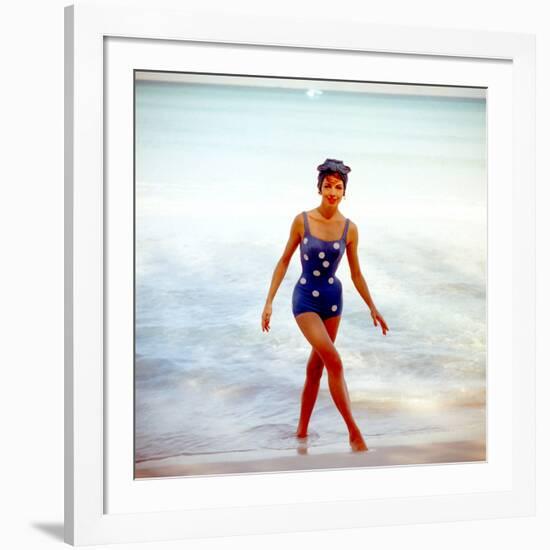 June 1956: Woman in Polka-Dot Swimsuit Modeling Beach Fashions in Cuba-Gordon Parks-Framed Photographic Print