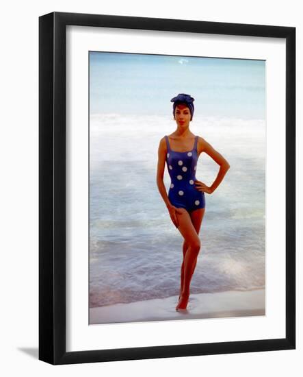 June 1956: Woman in Polka-Dot Swimsuit Modeling Beach Fashions in Cuba-Gordon Parks-Framed Photographic Print