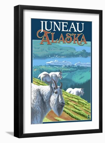 Juneau, Alaska - Goats and Cruise Ships-Lantern Press-Framed Art Print