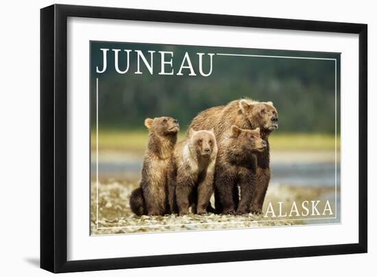 Juneau, Alaska - Grizzly Bear and Cubs-Lantern Press-Framed Art Print