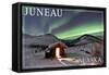 Juneau, Alaska - Northern Lights and Cabin-Lantern Press-Framed Stretched Canvas