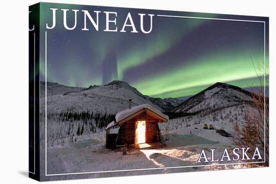 Juneau, Alaska - Northern Lights and Cabin-Lantern Press-Stretched Canvas