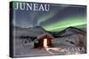 Juneau, Alaska - Northern Lights and Cabin-Lantern Press-Stretched Canvas