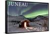 Juneau, Alaska - Northern Lights and Cabin-Lantern Press-Framed Stretched Canvas