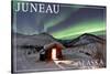 Juneau, Alaska - Northern Lights and Cabin-Lantern Press-Stretched Canvas