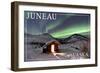 Juneau, Alaska - Northern Lights and Cabin-Lantern Press-Framed Art Print