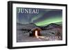 Juneau, Alaska - Northern Lights and Cabin-Lantern Press-Framed Art Print