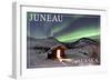 Juneau, Alaska - Northern Lights and Cabin-Lantern Press-Framed Art Print