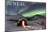 Juneau, Alaska - Northern Lights and Cabin-Lantern Press-Mounted Art Print