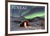 Juneau, Alaska - Northern Lights and Cabin-Lantern Press-Framed Art Print