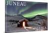 Juneau, Alaska - Northern Lights and Cabin-Lantern Press-Mounted Art Print