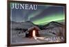 Juneau, Alaska - Northern Lights and Cabin-Lantern Press-Framed Art Print