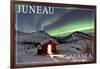 Juneau, Alaska - Northern Lights and Cabin-Lantern Press-Framed Art Print