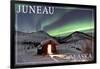 Juneau, Alaska - Northern Lights and Cabin-Lantern Press-Framed Art Print