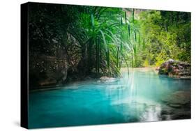 Jungle Landscape with Flowing Turquoise Water of Erawan Cascade Waterfall at Deep Tropical Rain For-Perfect Lazybones-Stretched Canvas