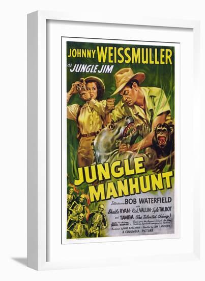 Jungle Manhunt, from Left, Sheila Ryan, Johnny Weissmuller, 1951-null-Framed Art Print