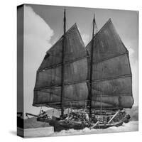 Junk Leaving Harbor with Patchwork Sails Up-Jack Birns-Stretched Canvas