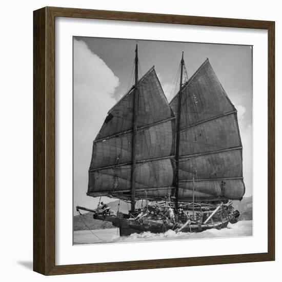 Junk Leaving Harbor with Patchwork Sails Up-Jack Birns-Framed Photographic Print