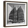 Junk Leaving Harbor with Patchwork Sails Up-Jack Birns-Framed Photographic Print