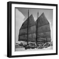 Junk Leaving Harbor with Patchwork Sails Up-Jack Birns-Framed Photographic Print