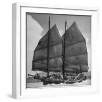 Junk Leaving Harbor with Patchwork Sails Up-Jack Birns-Framed Photographic Print