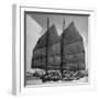Junk Leaving Harbor with Patchwork Sails Up-Jack Birns-Framed Photographic Print