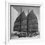 Junk Leaving Harbor with Patchwork Sails Up-Jack Birns-Framed Photographic Print