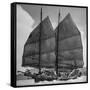 Junk Leaving Harbor with Patchwork Sails Up-Jack Birns-Framed Stretched Canvas