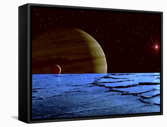 Jupiter and its Moon Lo as Seen from the Frozen Surface of Jupiter's Moon Europa-null-Framed Stretched Canvas