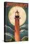 Jupiter, Florida - Jupiter Lighthouse and Moon - Lantern Press Artwork-Lantern Press-Stretched Canvas