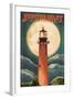 Jupiter, Florida - Jupiter Lighthouse and Moon - Lantern Press Artwork-Lantern Press-Framed Art Print