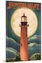 Jupiter, Florida - Jupiter Lighthouse and Moon - Lantern Press Artwork-Lantern Press-Mounted Art Print