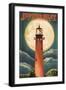 Jupiter, Florida - Jupiter Lighthouse and Moon - Lantern Press Artwork-Lantern Press-Framed Art Print