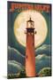 Jupiter, Florida - Jupiter Lighthouse and Moon - Lantern Press Artwork-Lantern Press-Mounted Art Print