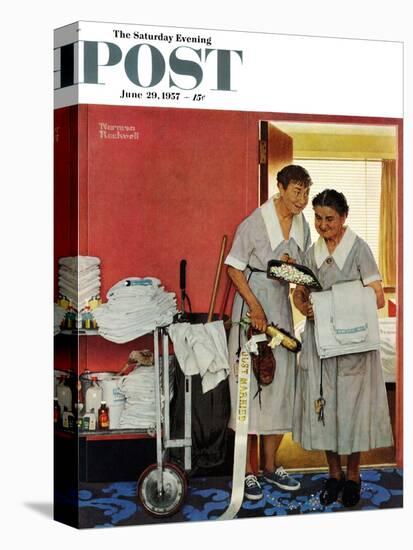 "Just Married" (hotel maids and confetti) Saturday Evening Post Cover, June 29,1957-Norman Rockwell-Stretched Canvas