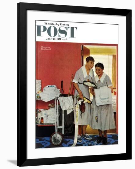 "Just Married" (hotel maids and confetti) Saturday Evening Post Cover, June 29,1957-Norman Rockwell-Framed Giclee Print