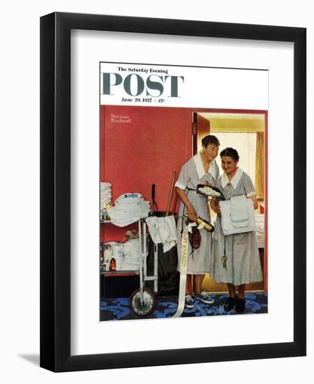 "Just Married" (hotel maids and confetti) Saturday Evening Post Cover, June 29,1957-Norman Rockwell-Framed Giclee Print