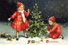 A Merry Christmas with Two Children Decorating Tree-K.J. Historical-Framed Stretched Canvas