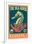 Kaanapali, Hawaii - Seahorse Woodblock (Blue and Pink)-Lantern Press-Framed Art Print