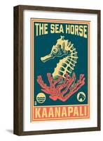 Kaanapali, Hawaii - Seahorse Woodblock (Blue and Pink)-Lantern Press-Framed Art Print
