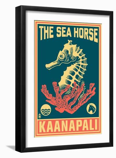 Kaanapali, Hawaii - Seahorse Woodblock (Blue and Pink)-Lantern Press-Framed Art Print